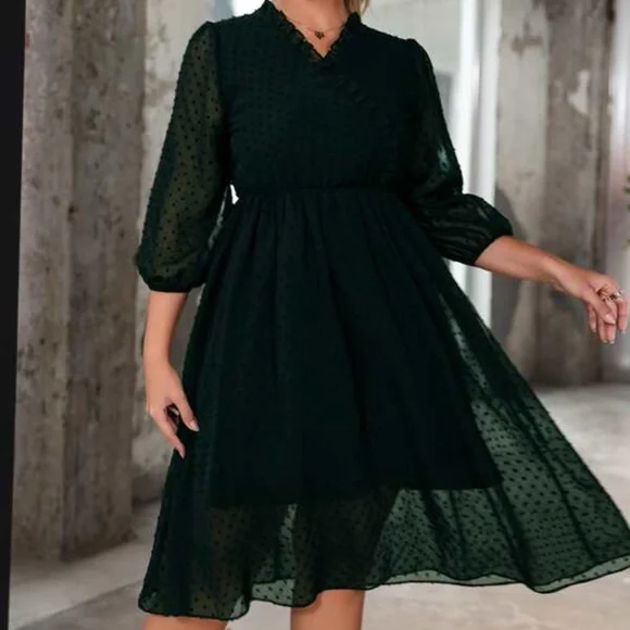 Dresses | New Shein Lantern Sleeve Swiss Dot Chiffon Dress Green Size 4x |  Poshmark